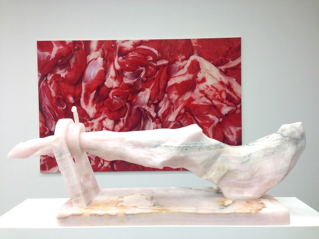 Background: 'Flesh Painting (On Carpaccio)' 2013 Foreground: 'The Invention of Carving', 2013