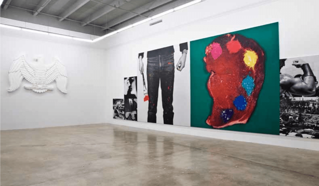 From left to right: Piotr Uklanski, 'Untitled (American Eagle)', 2006; John Baldessari, 'Stake: Art is Food for Thought and Food Costs Money', 1985
