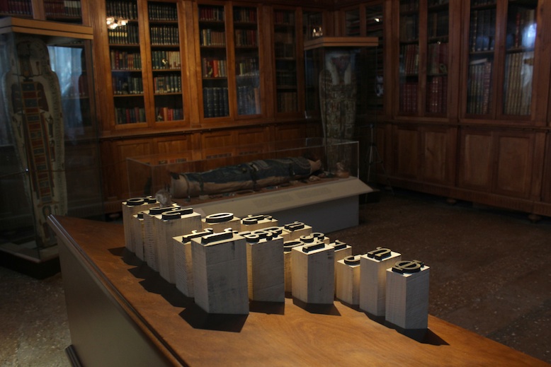  Hera Büyüktaşcıyan, 'Letters from Lost Paradise', 2015 Mechanism, wood, bronze. 56th Venice Biennale, National Pavilion of Republic of Armenia, San Lazzaro degli Armeni . Photograph: Piero Demo. Detail photograph: Hera Büyüktaşcıyan