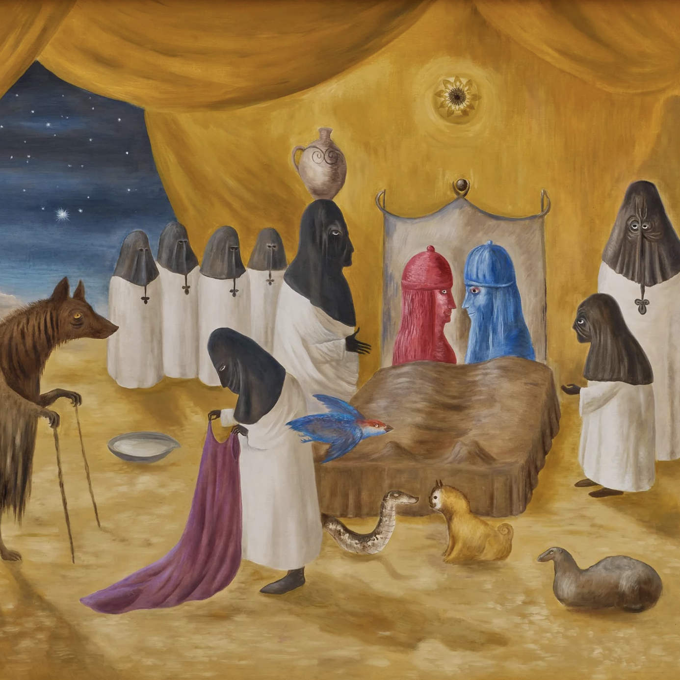 A surreal painting depicting a group of cloaked figures in white robes interacting around a bed with two red and blue heads. The scene includes various animals such as a dog, snake, and bird, set against a yellow backdrop with a starry sky.