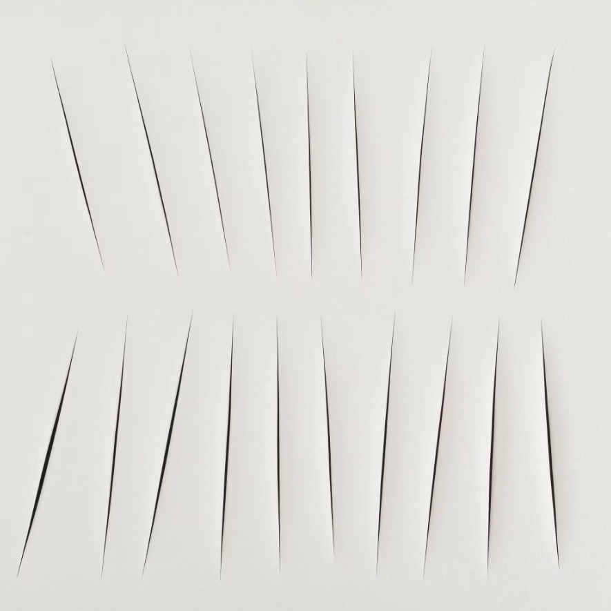 An abstract artwork featuring several sharp, elongated slits arranged in a grid pattern on a white background.