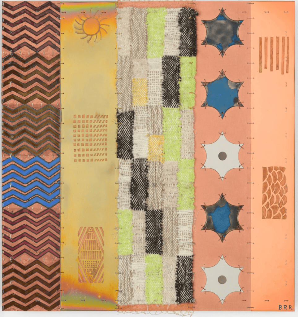 A multi-layered art piece featuring various textured patterns and colors, including zigzag designs, woven fabric sections, and geometric shapes on a pastel background.