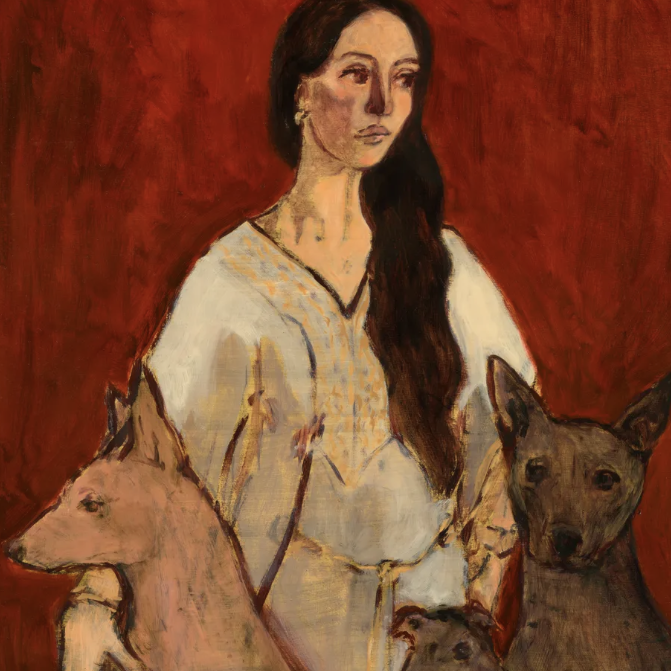 A woman with long hair wearing a traditional white top stands against a red background, accompanied by three dogs.